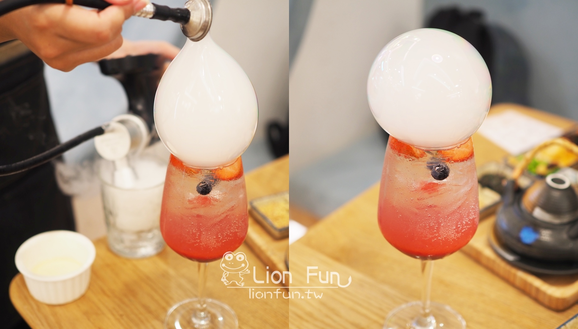 服務人員為招牌莓果氣泡飲製作桌邊泡泡