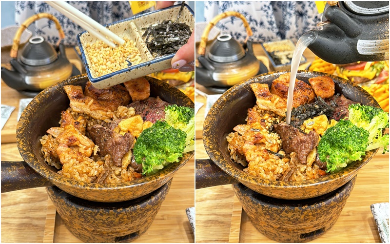 豪華雙拼釜飯加入拌飯配料的前後對照