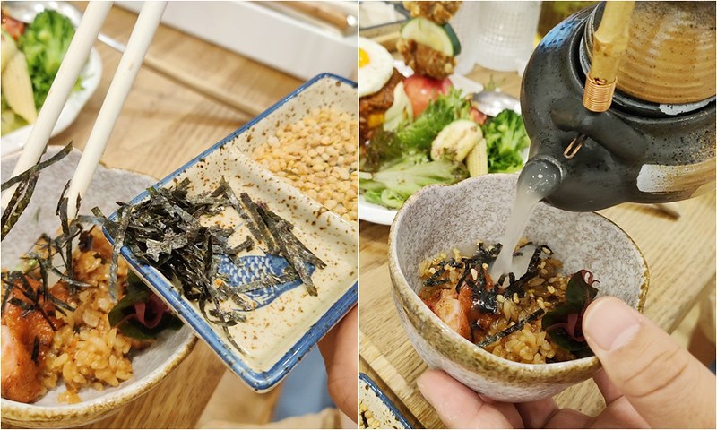 釜飯加入拌飯配料與雞湯的三吃過程
