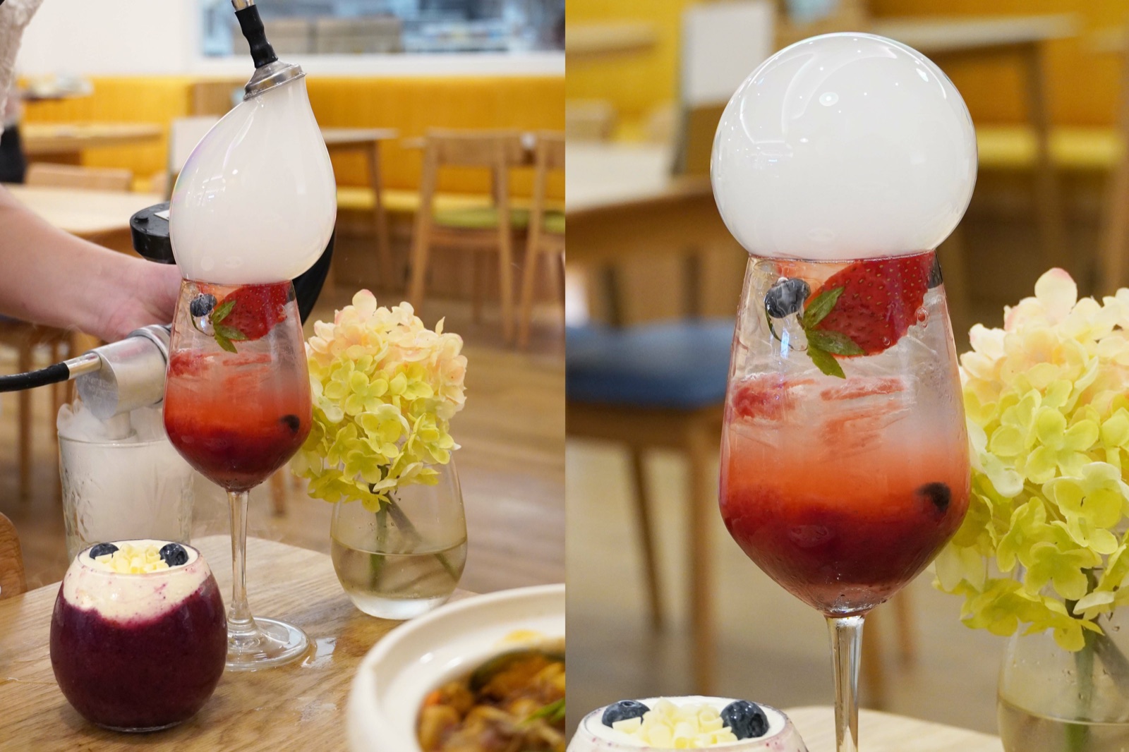 服務人員為招牌莓果氣泡飲製作透明桌邊泡泡