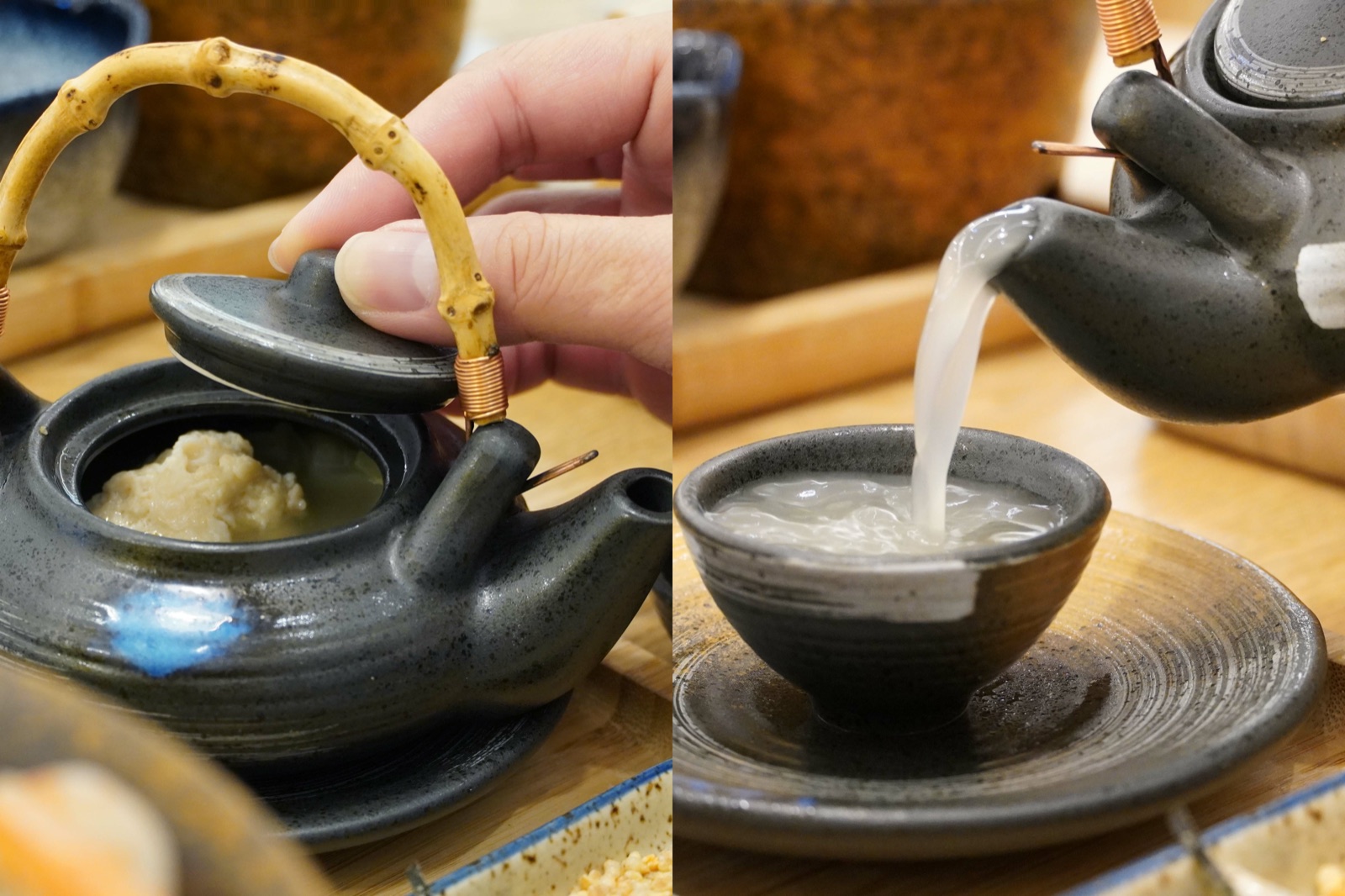 手持土瓶蒸茶壺與野菇雞高湯準備加入釜飯