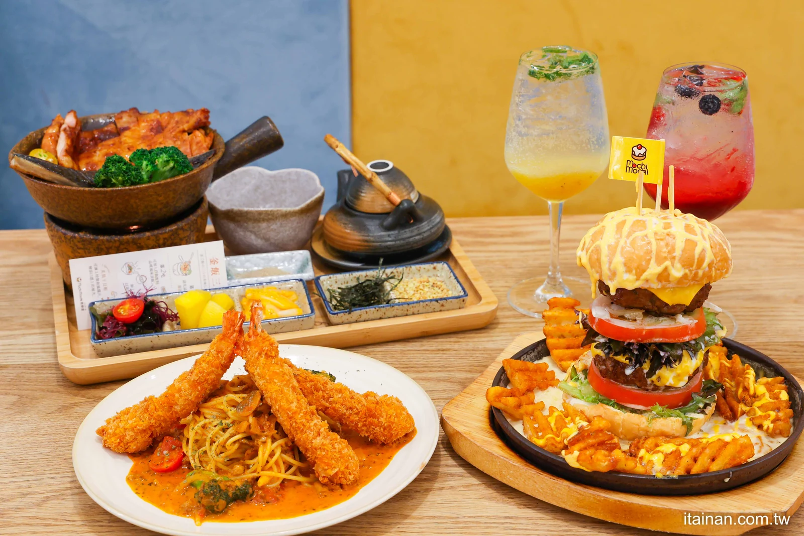 釜飯、義大利麵、瀑布漢堡與泡泡飲餐桌