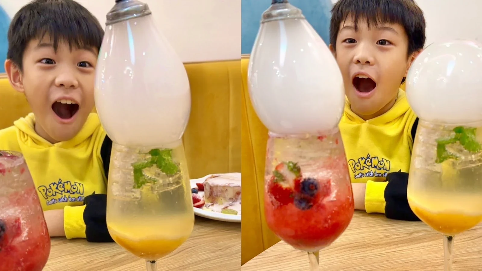 孩童與兩杯桌邊泡泡氣泡飲