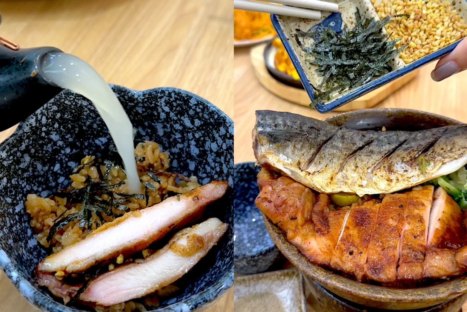 野菇雞湯倒入烤雞鯖魚釜飯